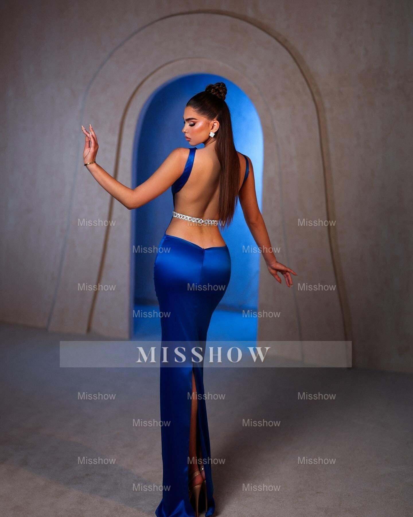 Charming Column Off-the-shoulder Sleeveless Satin Split Openback Blue Prom Dresses