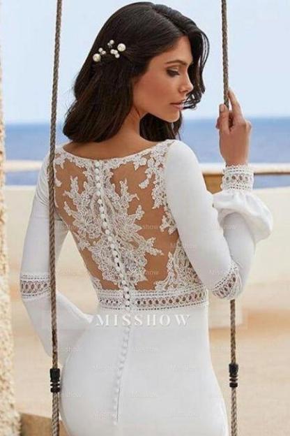 Charming Column Satin Long Sleeve White Wedding Dresses With Appliques