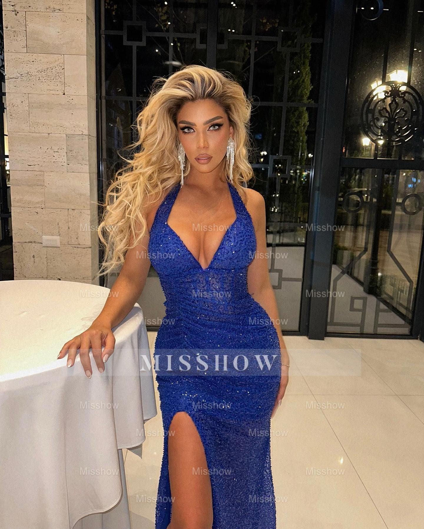 Charming Column V-neck Sleeveless Sequined Split Front Blue Prom Dress