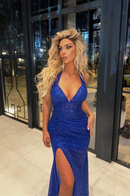 Charming Column V-neck Sleeveless Sequined Split Front Blue Prom Dress