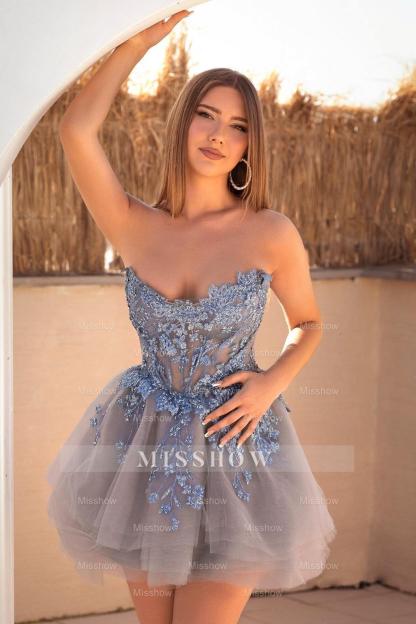 Charming Dusty Blue A-Line Strapless Sleeveless Sequined Tulle Short Prom Dresses With Appliques
