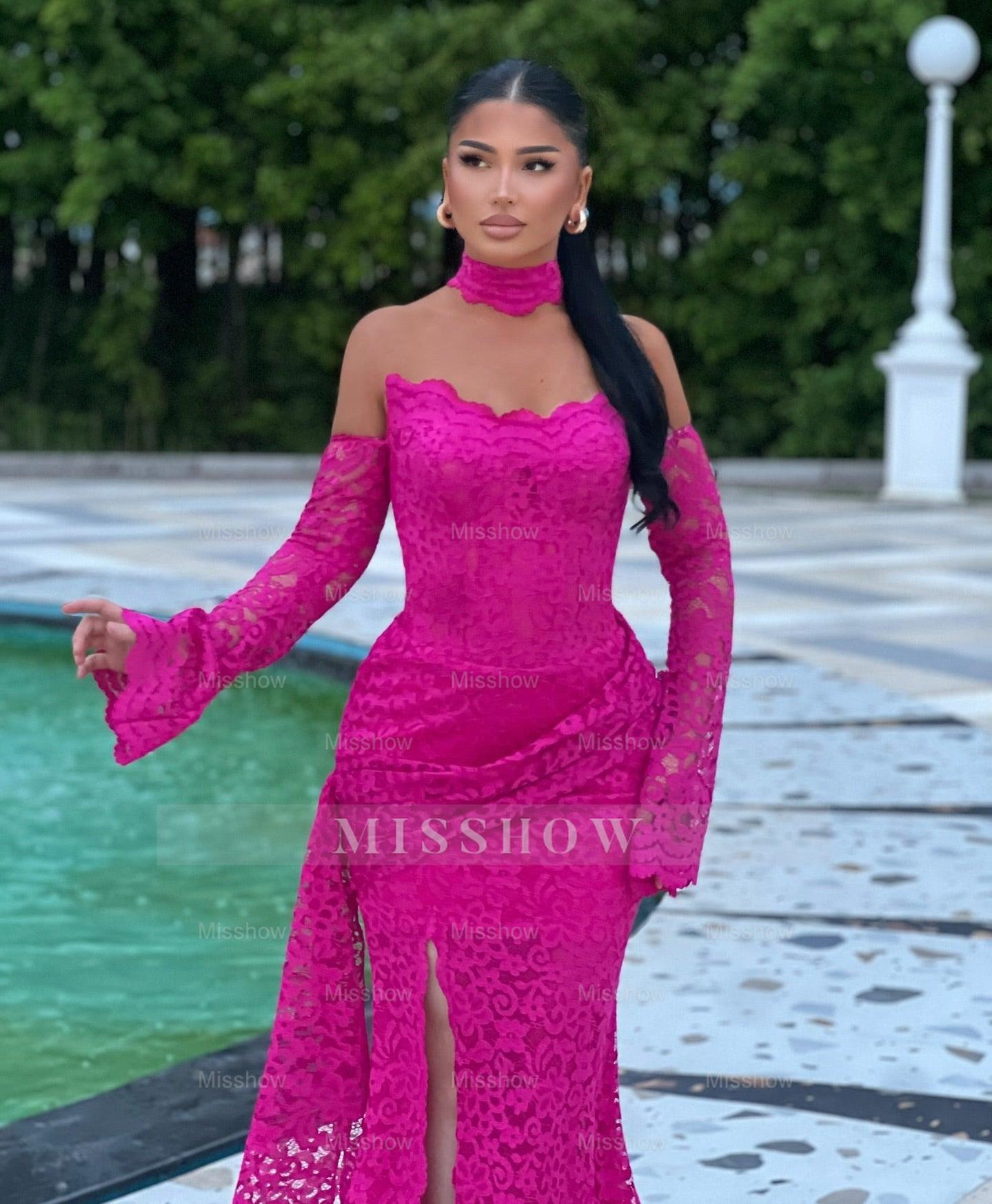 Charming Fuchsia Mermaid Strapless Long Sleeves Lace Ruffles Long Prom Dress With Slit