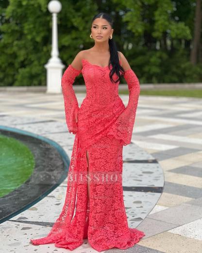 Charming Fuchsia Mermaid Strapless Long Sleeves Lace Ruffles Long Prom Dress With Slit