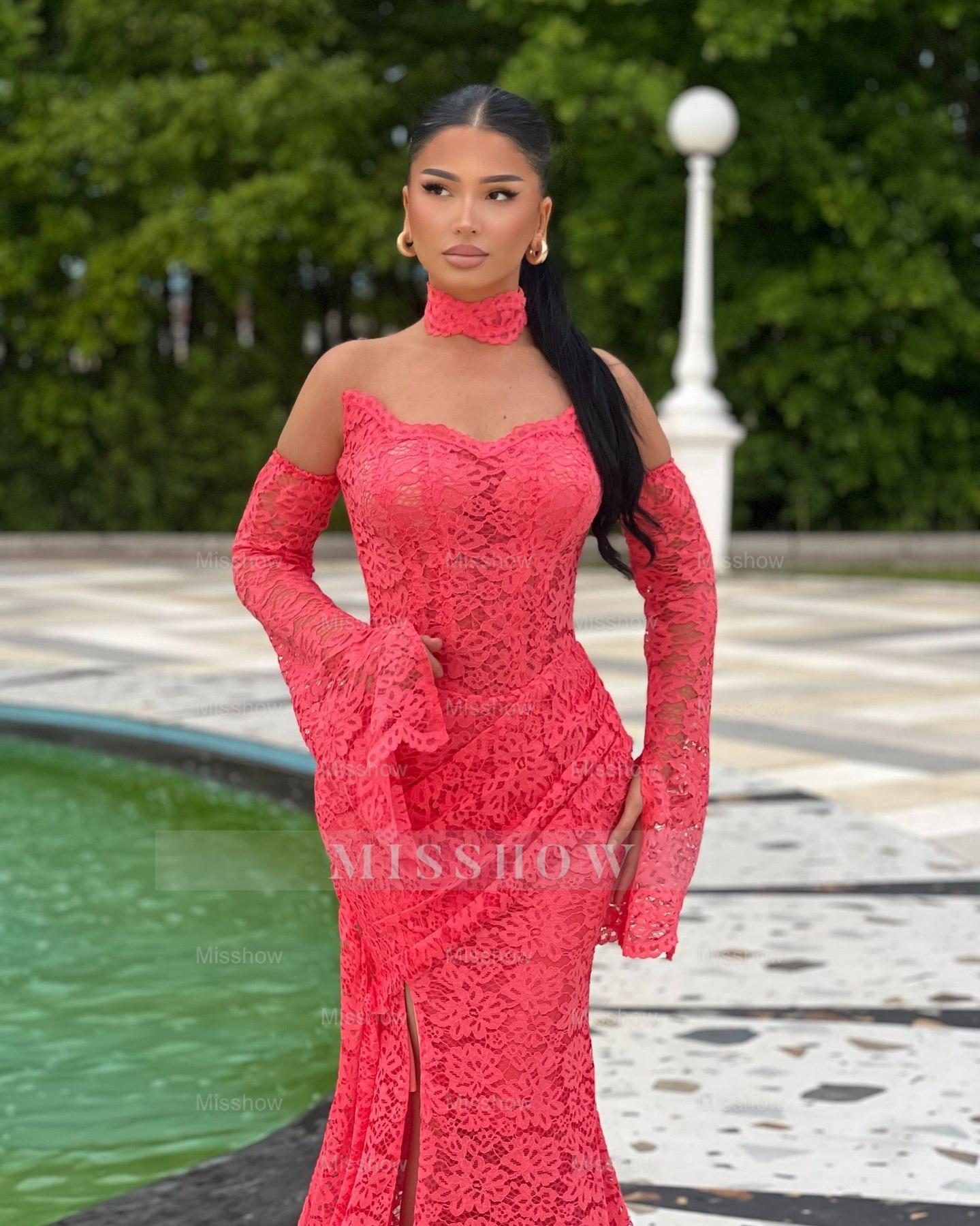 Charming Fuchsia Mermaid Strapless Long Sleeves Lace Ruffles Long Prom Dress With Slit