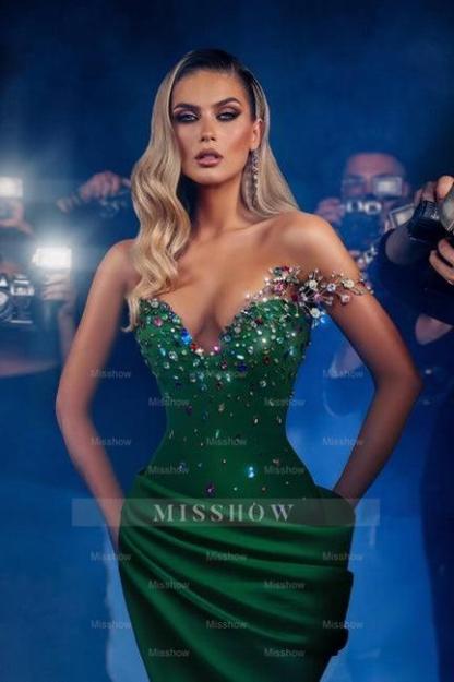 Charming Green Mermaid Sweetheart Beaded Sleeveless Long Satin Ruffle Prom Dresses With Rhinestones