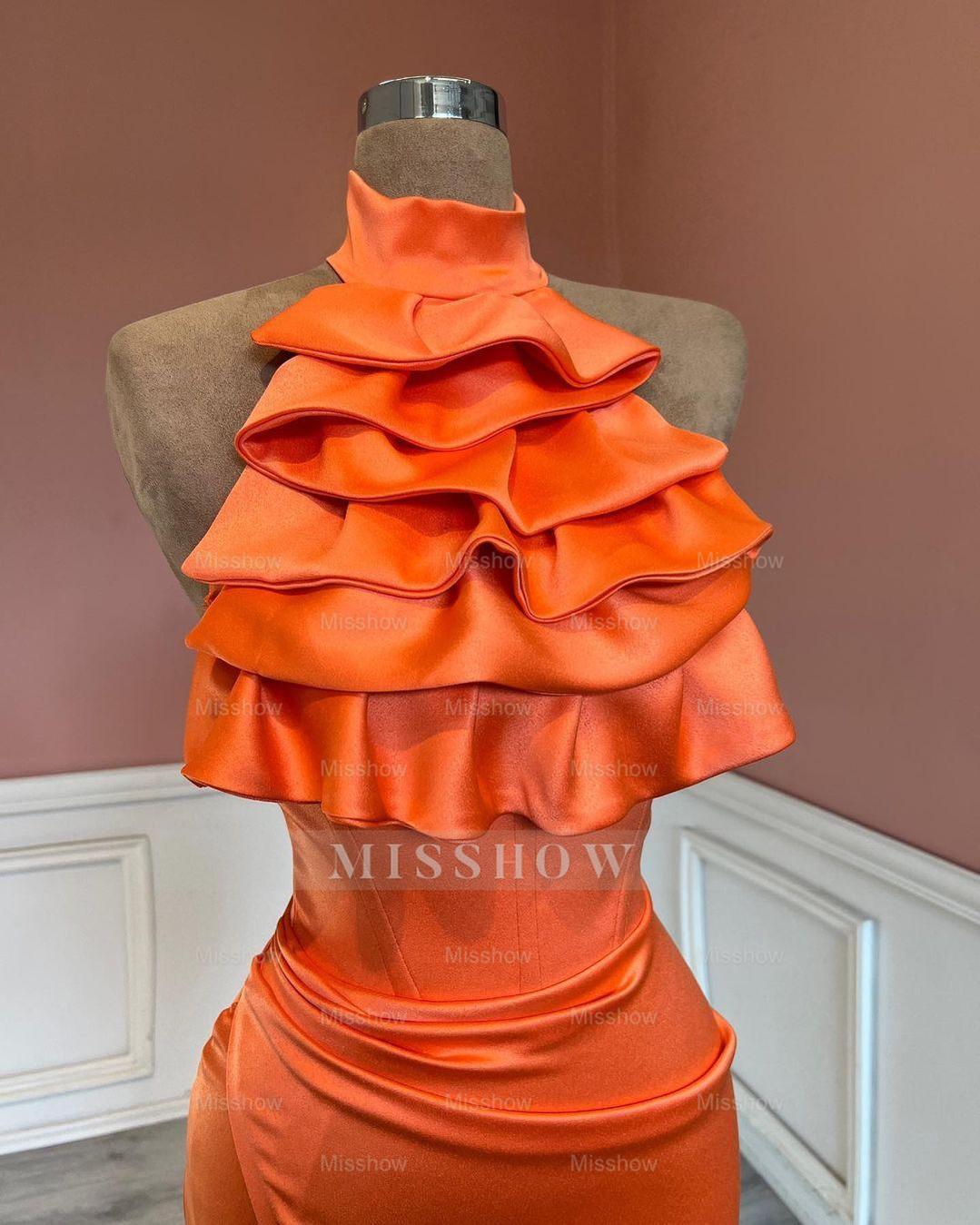 Charming High Neck Mermaid Stain Ruffles Prom Dress with Split