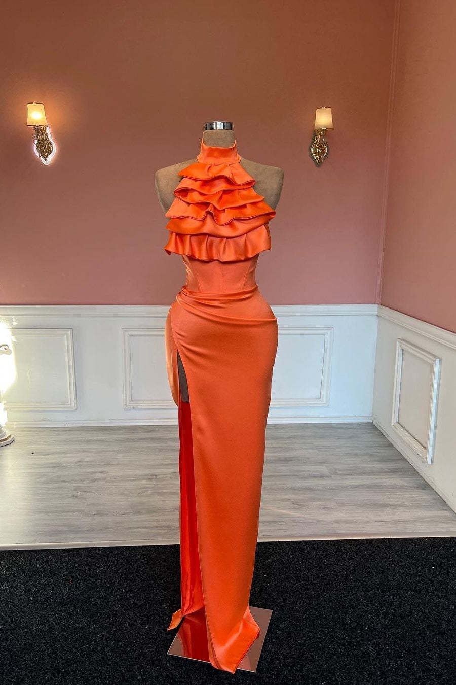 Charming High Neck Mermaid Stain Ruffles Prom Dress with Split