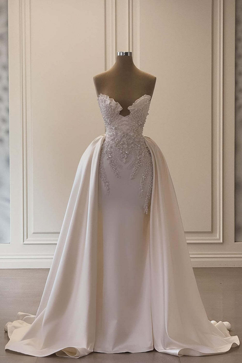 Charming Ivory A-Line Strapless Sleeveless Beaded Panel Train Ruffle Long Satin Wedding Dresses