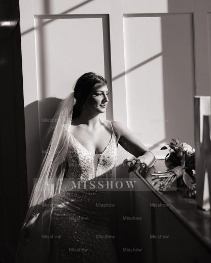 Charming Ivory Column V-Neck Spaghetti Straps Sleeveless Beaded Sequined Sweep Train Wedding Dress