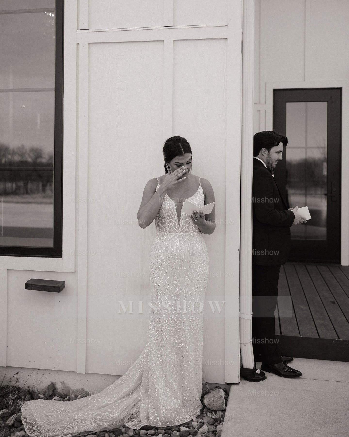 Charming Ivory Column V-Neck Spaghetti Straps Sleeveless Beaded Sequined Sweep Train Wedding Dress