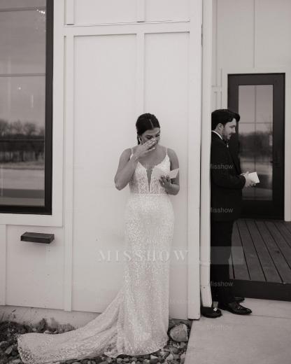 Charming Ivory Column V-Neck Spaghetti Straps Sleeveless Beaded Sequined Sweep Train Wedding Dress