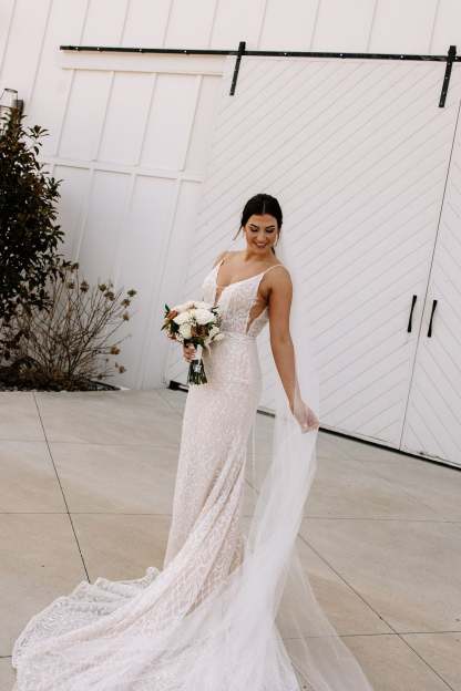 Charming Ivory Column V-Neck Spaghetti Straps Sleeveless Beaded Sequined Sweep Train Wedding Dress