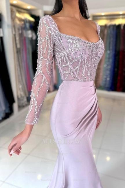 Charming Lilac Mermaid Square Long Sleeves Sequined Ruffle Long Satin Prom Dresses With Slit
