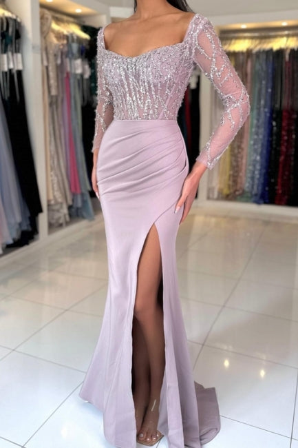 Charming Lilac Mermaid Square Long Sleeves Sequined Ruffle Long Satin Prom Dresses With Slit
