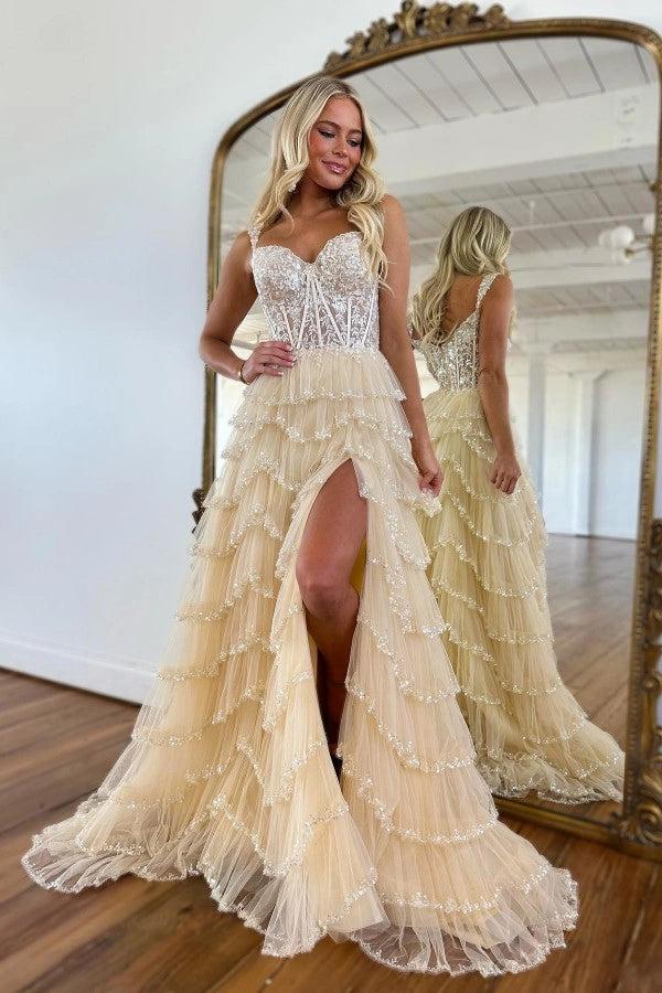 Charming Long Champagne A-line Lace Sleeveless Prom Dress with Slit