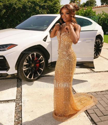 Charming Long Gold Sweetheart Sleeveless Mermaid Prom Dress with Rhinestones and Tassels
