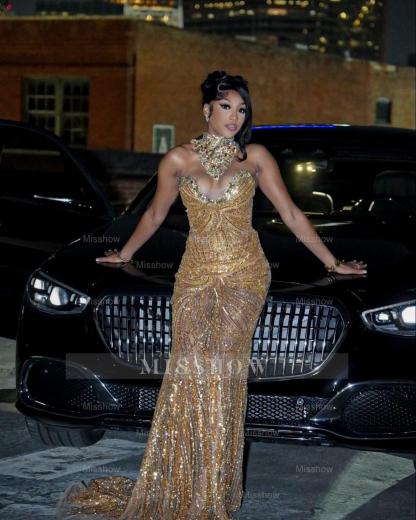 Charming Long Gold Sweetheart Sleeveless Mermaid Prom Dress with Rhinestones and Tassels