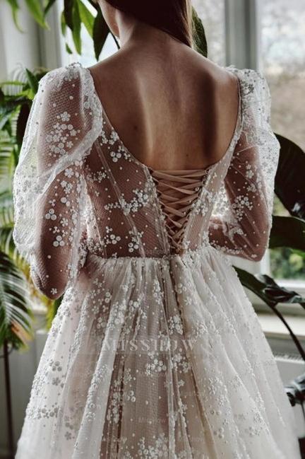 Charming Long Ivory A-line Long Sleeves Lace Wedding Dress With Slit