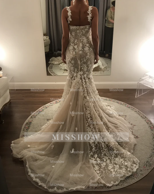 Charming Long Ivory Mermaid Sleeveless Lace Wedding Dress