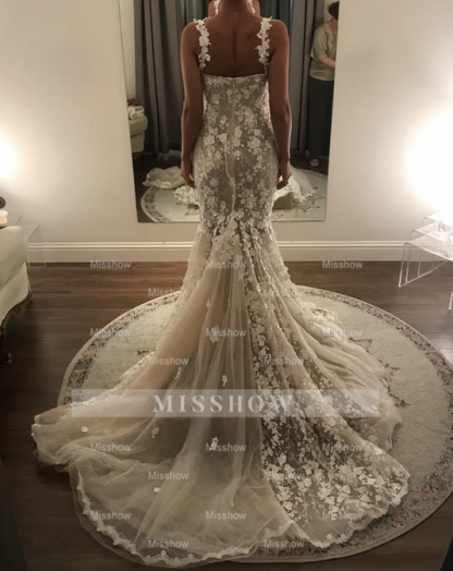 Charming Long Ivory Mermaid Sleeveless Lace Wedding Dress