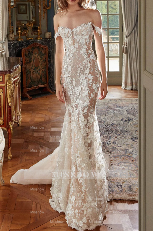 Charming Long Ivory Mermaid Sleeveless Lace Wedding Dress