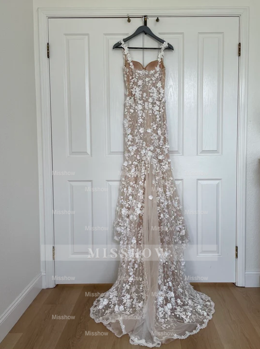 Charming Long Ivory Mermaid Sleeveless Lace Wedding Dress