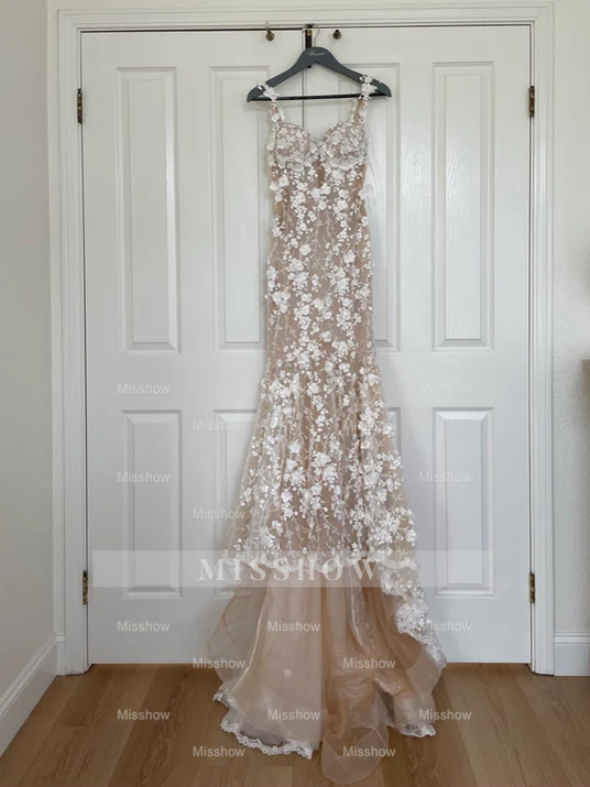 Charming Long Ivory Mermaid Sleeveless Lace Wedding Dress