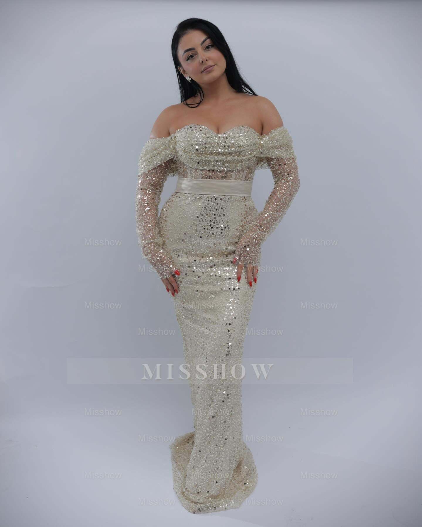 Charming Long Ivory Off-The-Shoulder Mermaid Formal Dress with Sequins and Detachable Sleeves