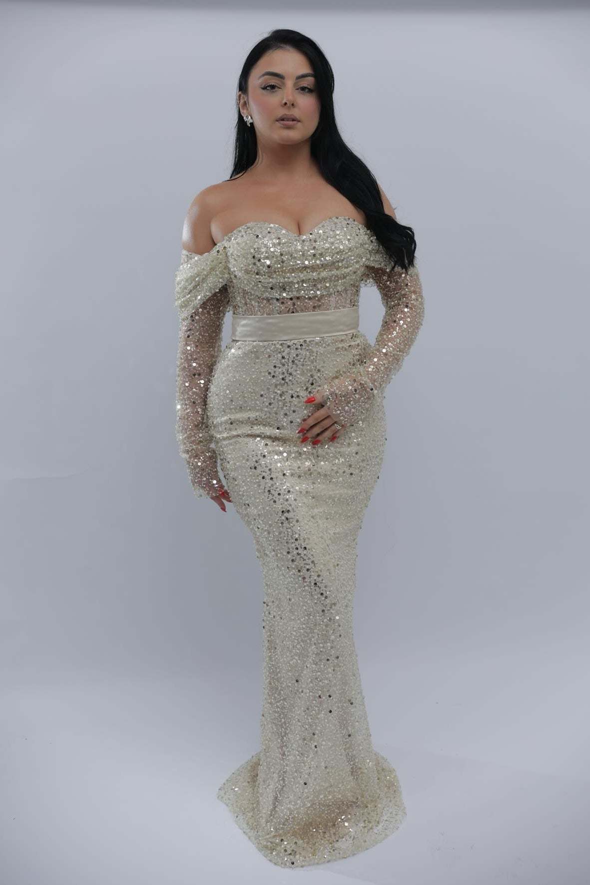 Charming Long Ivory Off-The-Shoulder Mermaid Formal Dress with Sequins and Detachable Sleeves