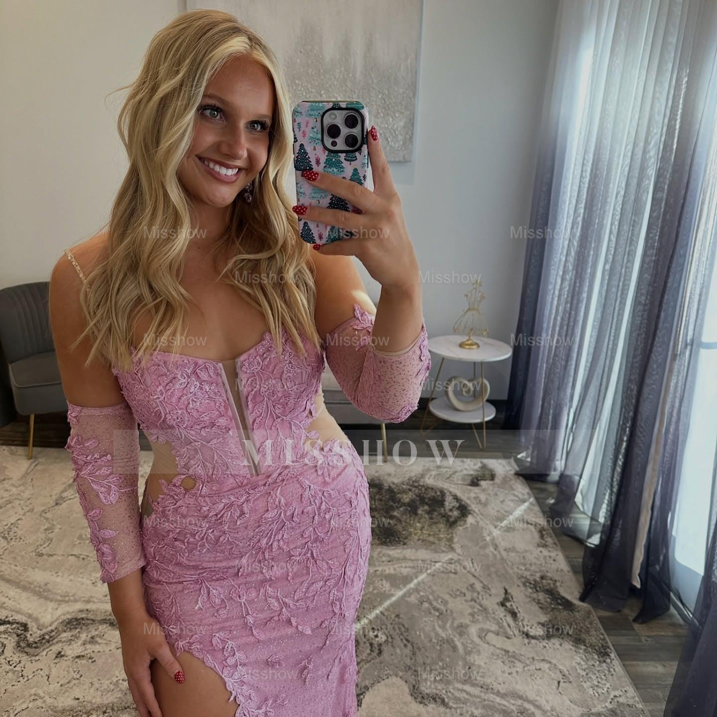 Charming Long Pink Strapless Lace Long Sleeves Prom Dress with Slit