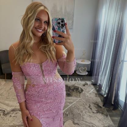 Charming Long Pink Strapless Lace Long Sleeves Prom Dress with Slit