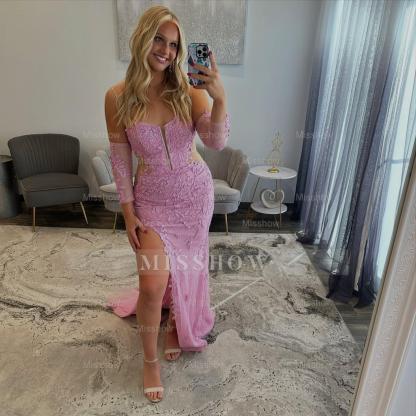 Charming Long Pink Strapless Lace Long Sleeves Prom Dress with Slit