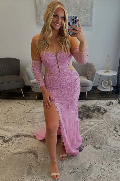 Charming Long Pink Strapless Lace Long Sleeves Prom Dress with Slit