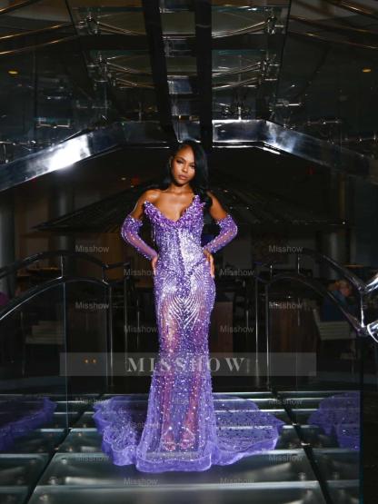 Charming Long Purple Sweetheart Mermaid Prom Dress with Rhinestones and Detachable Sleeves