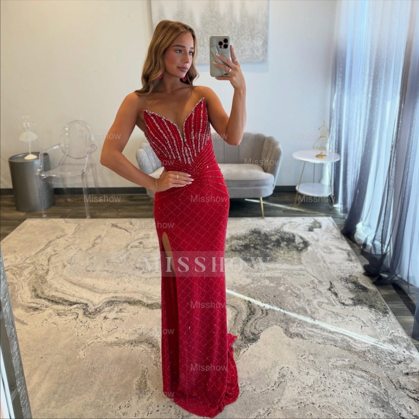 Charming Long Red Mermaid Strapless Beaded Prom Dress with Lace