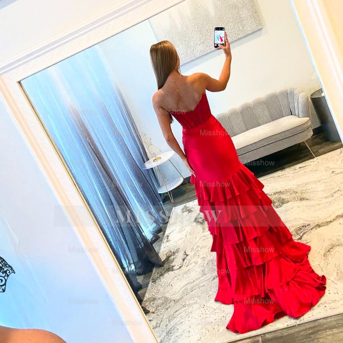 Charming Long Red Mermaid Strapless Glitter Prom Dress with Slit