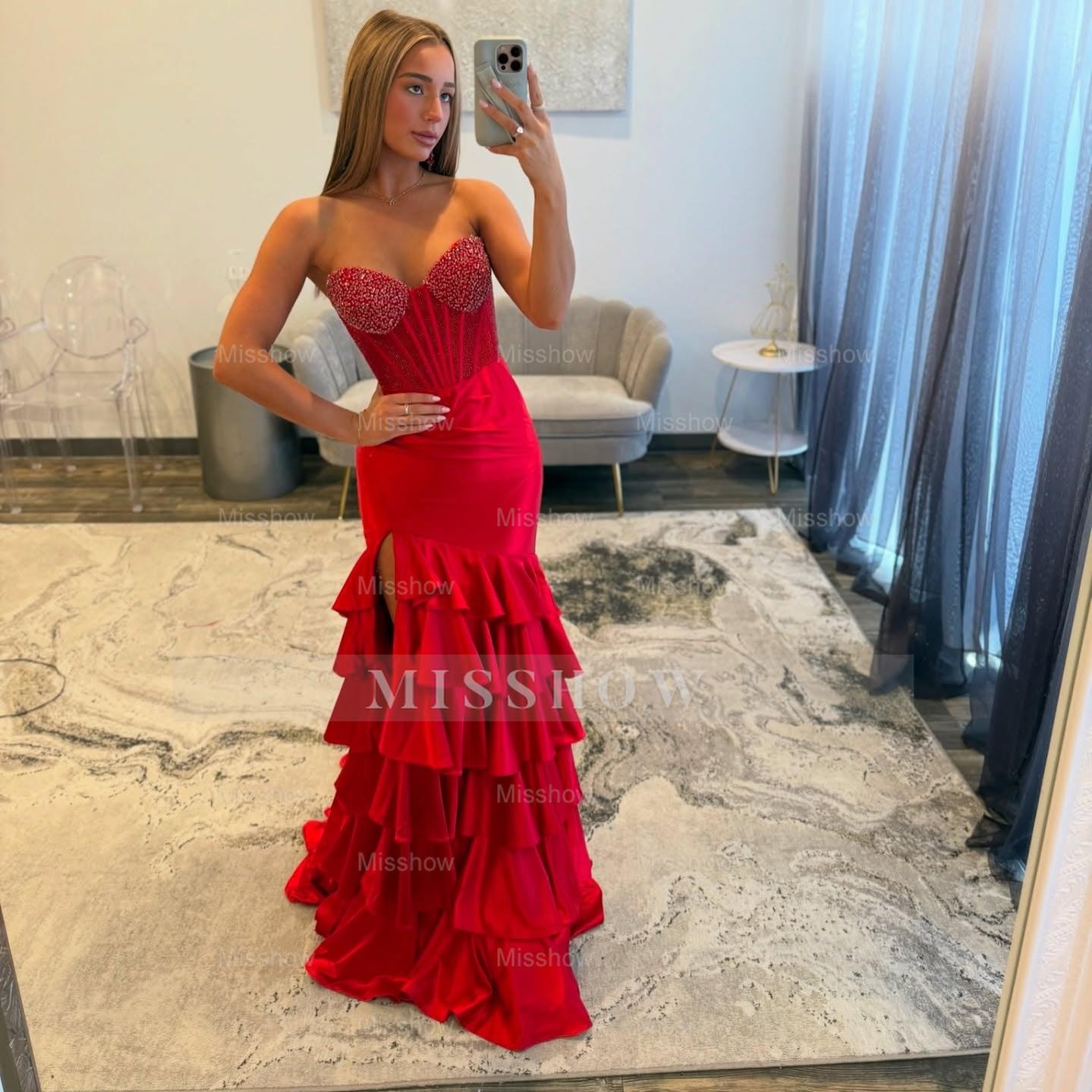 Charming Long Red Mermaid Strapless Glitter Prom Dress with Slit