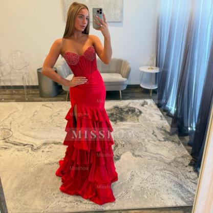 Charming Long Red Mermaid Strapless Glitter Prom Dress with Slit
