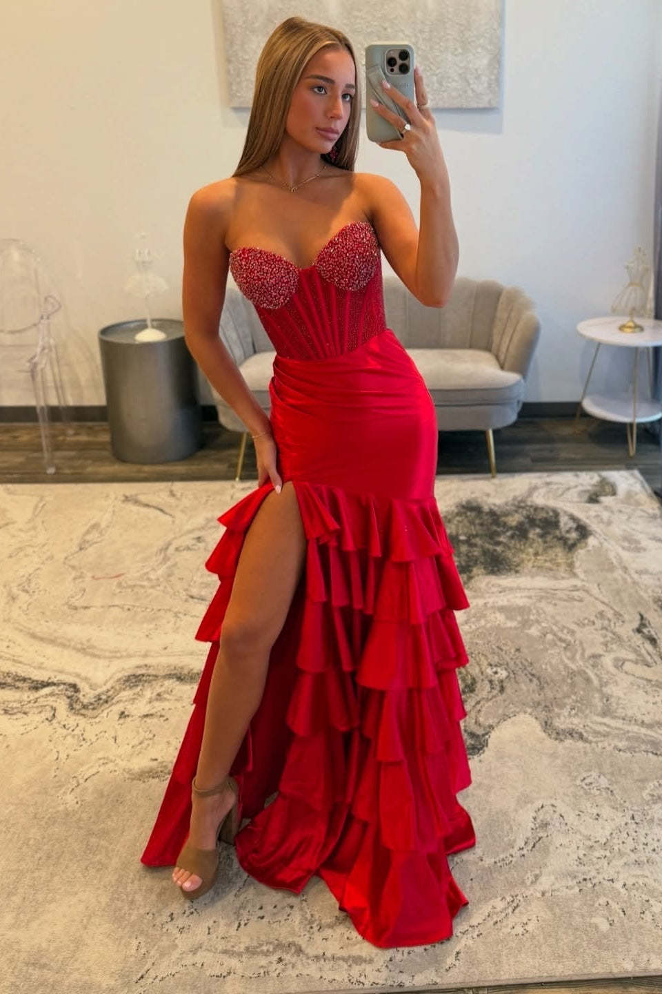 Charming Long Red Mermaid Strapless Glitter Prom Dress with Slit