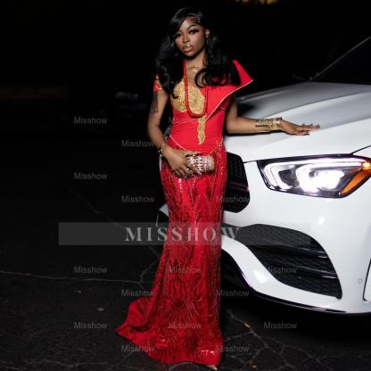 Charming Long Red Off-The-Shoulder Sleeveless Mermaid Prom Dress with Embroidery