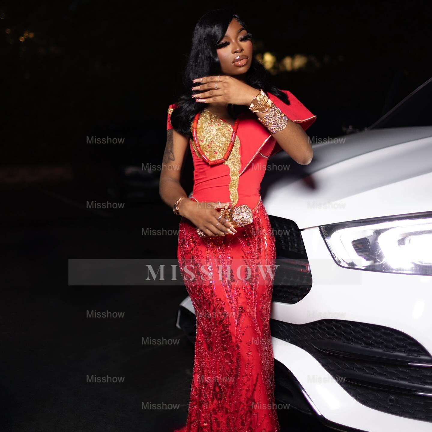 Charming Long Red Off-The-Shoulder Sleeveless Mermaid Prom Dress with Embroidery