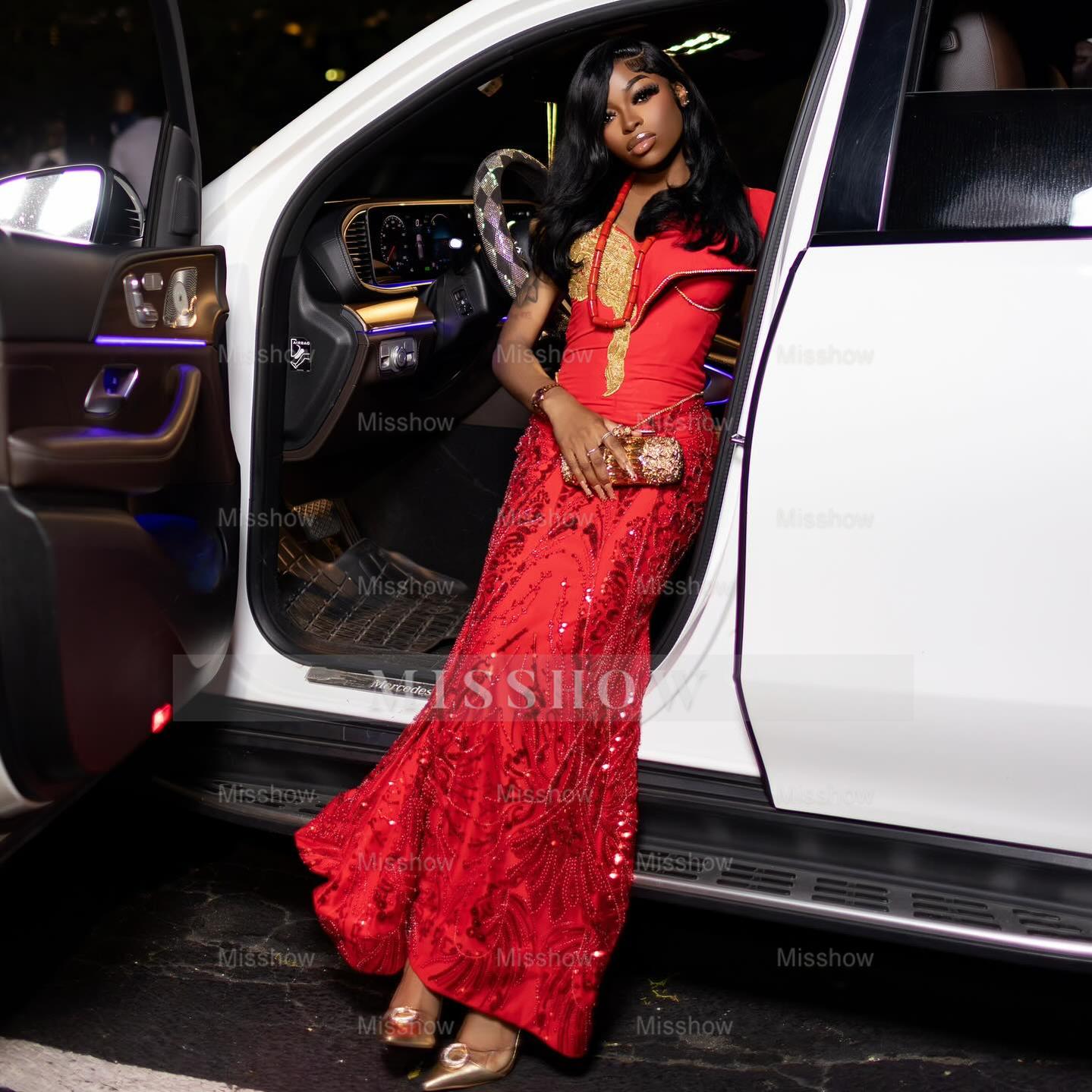 Charming Long Red Off-The-Shoulder Sleeveless Mermaid Prom Dress with Embroidery