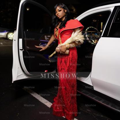 Charming Long Red Off-The-Shoulder Sleeveless Mermaid Prom Dress with Embroidery