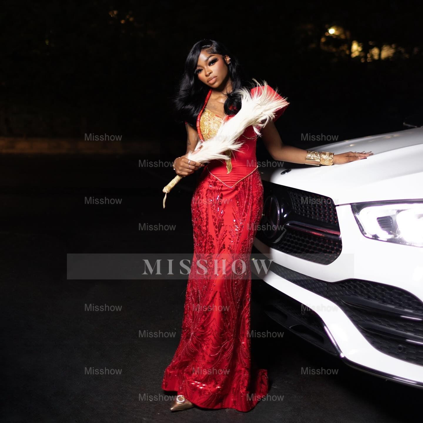 Charming Long Red Off-The-Shoulder Sleeveless Mermaid Prom Dress with Embroidery