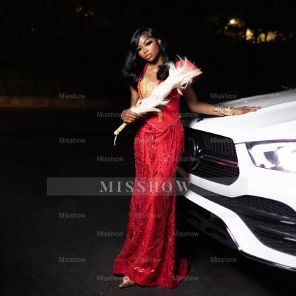 Charming Long Red Off-The-Shoulder Sleeveless Mermaid Prom Dress with Embroidery