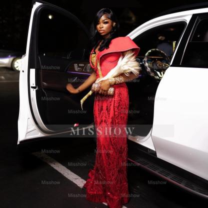 Charming Long Red Off-The-Shoulder Sleeveless Mermaid Prom Dress with Embroidery