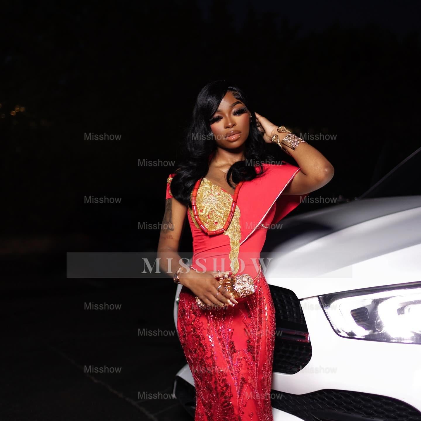 Charming Long Red Off-The-Shoulder Sleeveless Mermaid Prom Dress with Embroidery