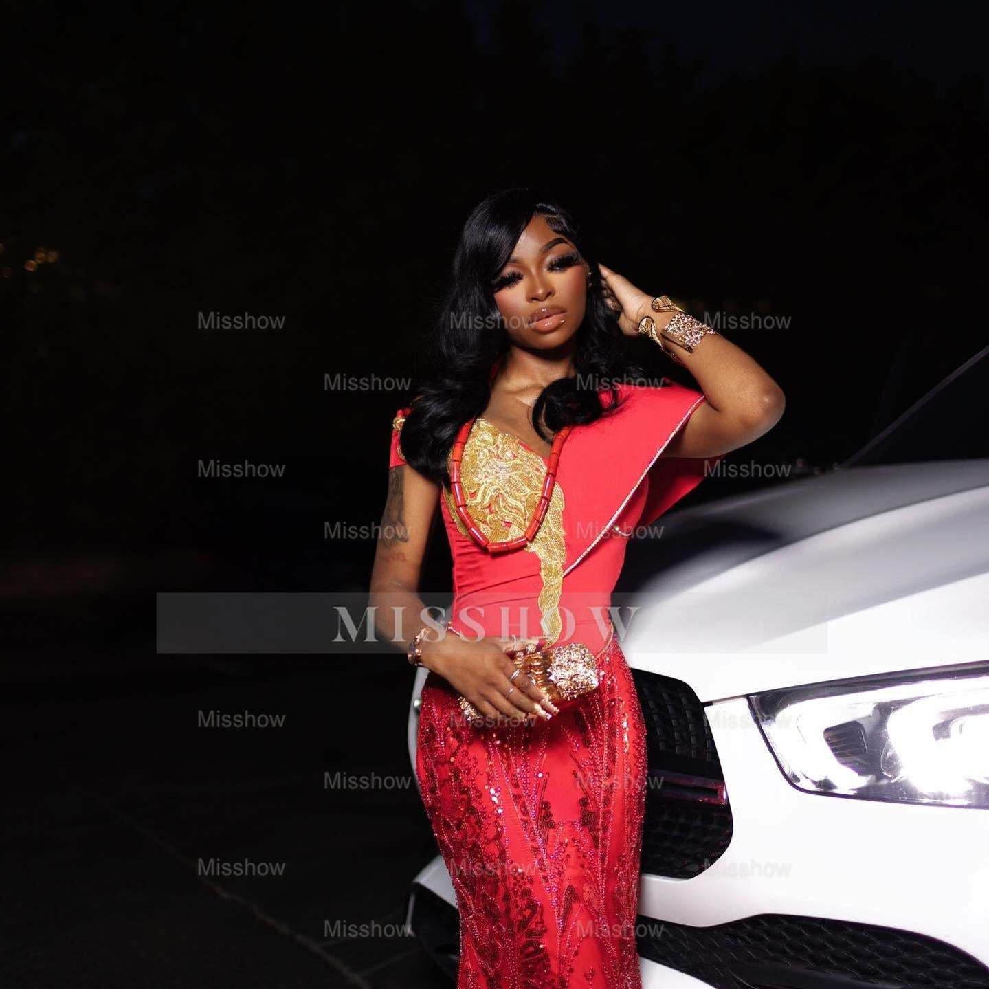 Charming Long Red Off-The-Shoulder Sleeveless Mermaid Prom Dress with Embroidery