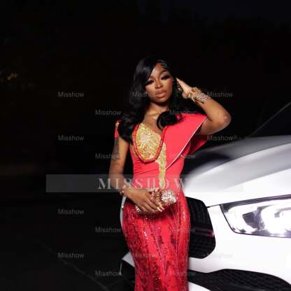 Charming Long Red Off-The-Shoulder Sleeveless Mermaid Prom Dress with Embroidery