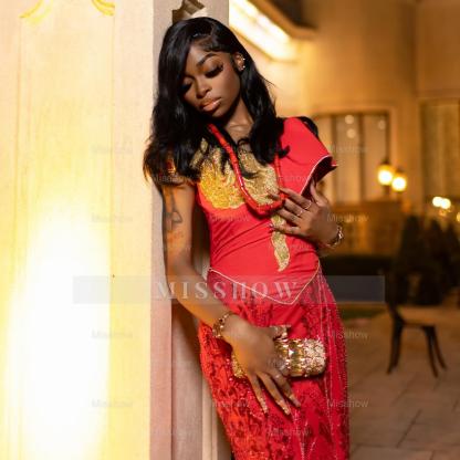 Charming Long Red Off-The-Shoulder Sleeveless Mermaid Prom Dress with Embroidery